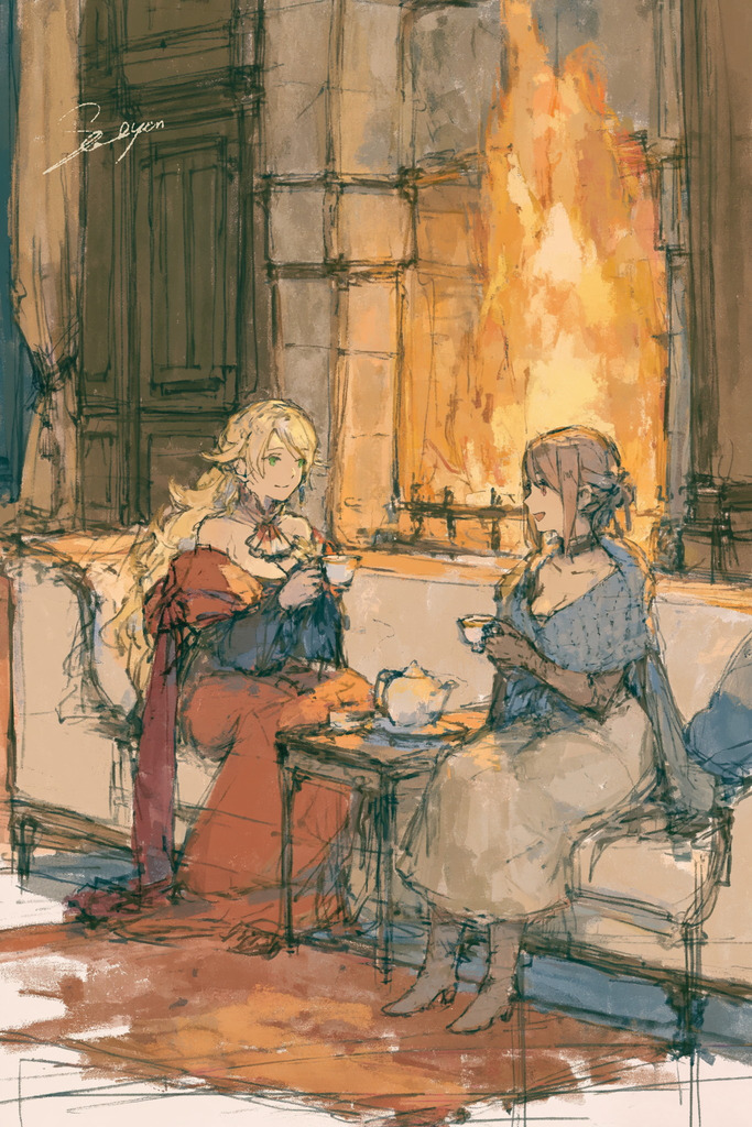 Viola and Rose, sharing tea by the fire in the Shade manor.