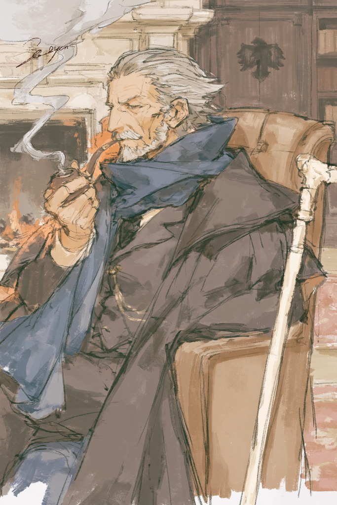 Aldric Crawford, deep in thought by the fire at the Shade manor.