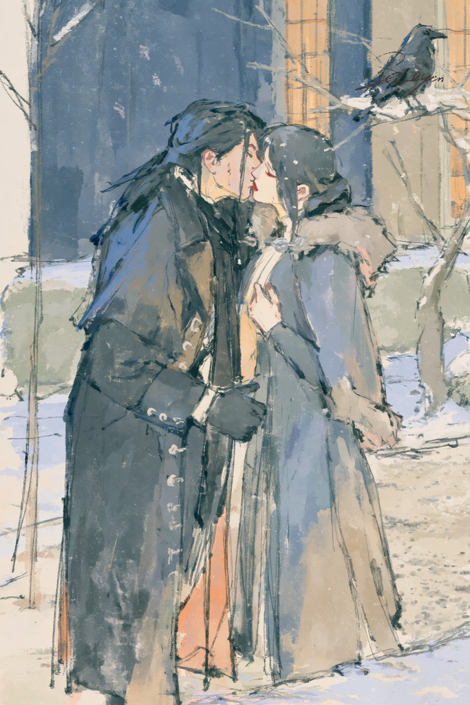 Ciarán and Eira, sharing a kiss in the snow covered garden.